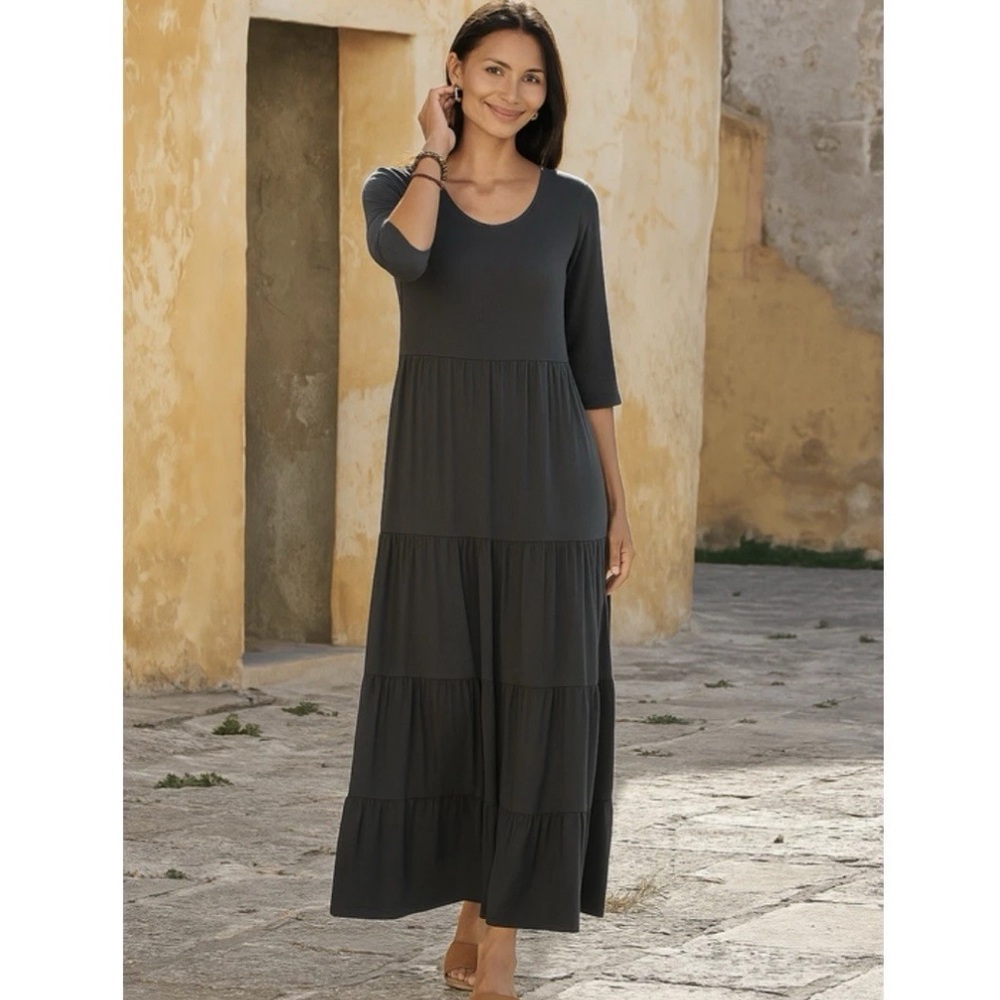 peruvian connection cotton tiered 3/4 sleeve maxi dress blue Size Medium